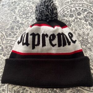 Supreme Black and White Knit Hat with Pom-Pom